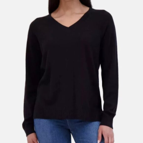 NEW Lucky Brand Womens M V-Neck Sweater Jet Black Cotton Lightweight - Picture 1 of 8